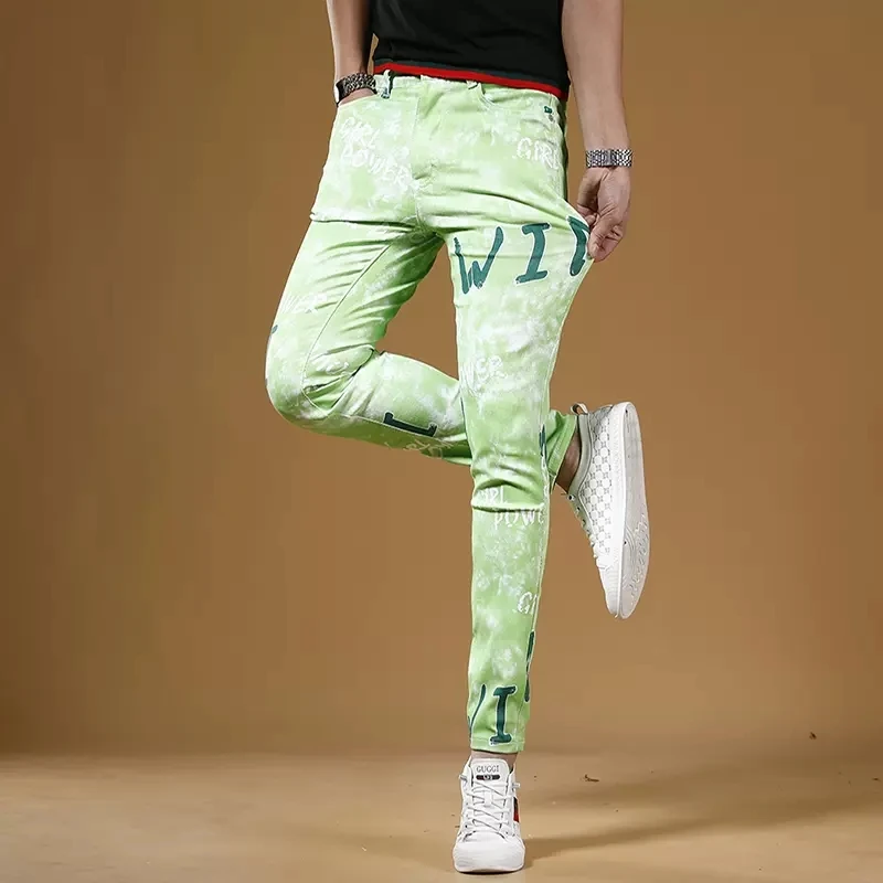 Summer Men Fashion Printed Green Jeans Streetwear Casual Slim Fit Straight Pants Korean Style Digital Printing Denim Trousers