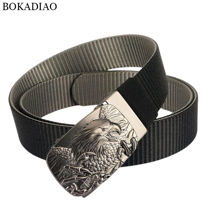 BOKADIAO Man Double-sided Nylon Belt Eagle Rotate Metal Automatic Buckle Canvas Belts for Men Jeans Waistband Bicolor Male Strap