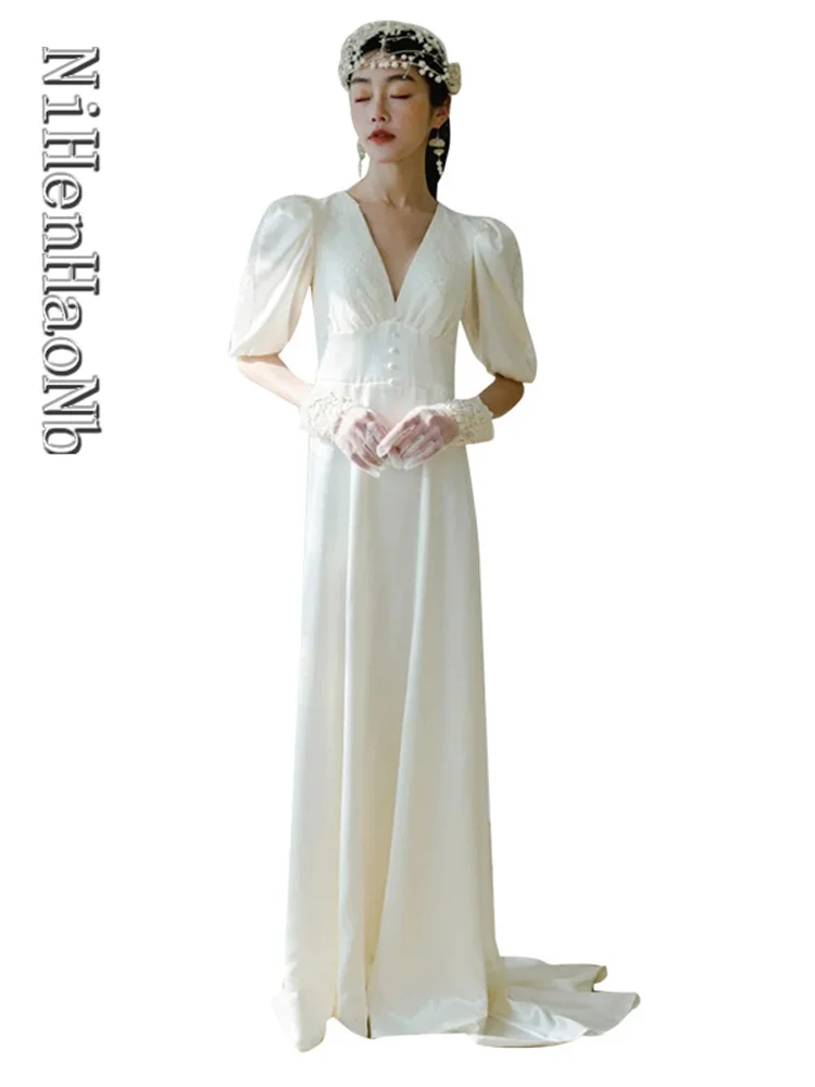 

V-neck Backless A-Line Wedding Dresses Satin Boho Wedding Dress with Train