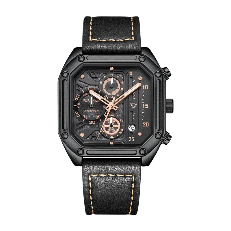 

Men's Casual Sports Watches Square Dial Fashion Light Luxury Leather Strap Street Trend Brand Quartz Luminous Watch
