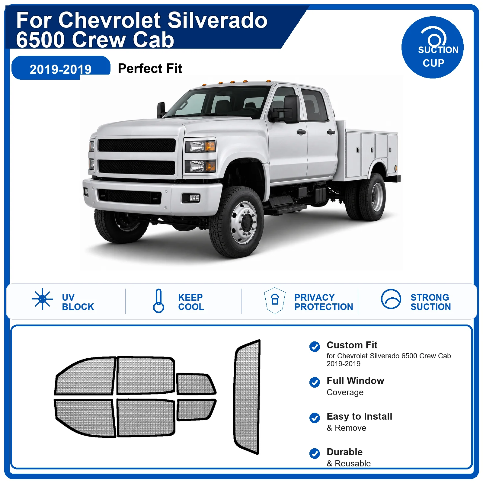 Фото Для Chevrolet Silverado 6500 Crew Cab 2019-2019: Полный комплект солнцезащитных шторок на лобовое стекло из алюминиевой фольги, теплоизоляционные, с защитой от УФ-лучей, складные №1