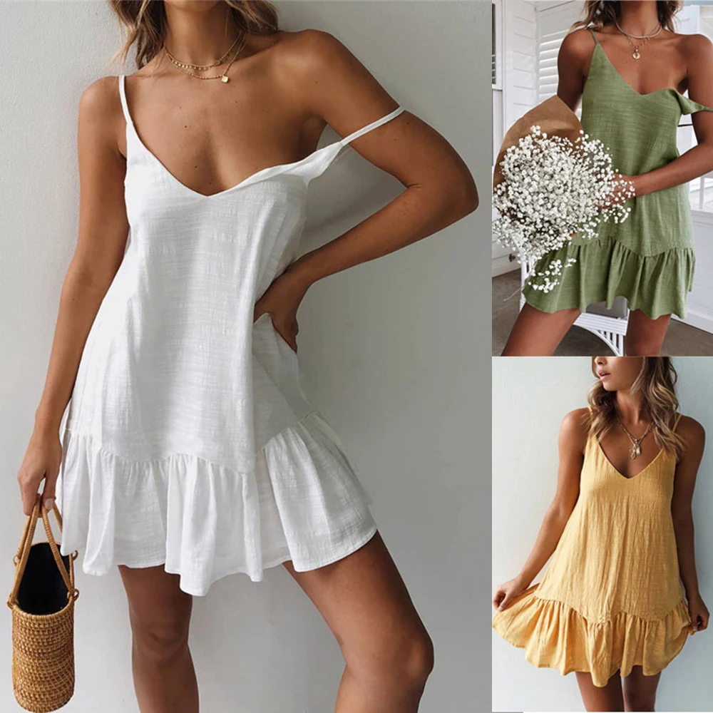

Повседневное платье на бретельках с V-образным вырезом, соблазнительное однотонное хлопковое льняное мини-платье, винтажное платье на брет...
