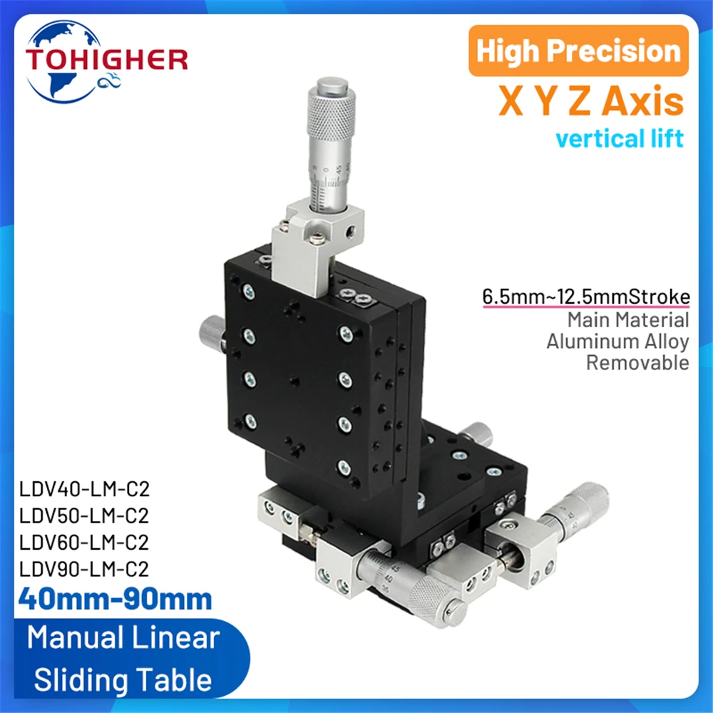 

XYZ Axis Vertical Lift Fine-tuning Sliding Table LDV40-LM-C2 Manual Displacement Platform 6.5-12.5mm Stroke 19.2N-58.8N Load