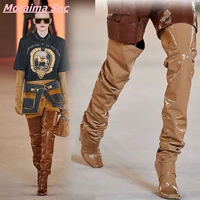 new square toe over the knee boots patent leather spike heels pile of shoes catwalk personality fashion comfortable hottest 2022