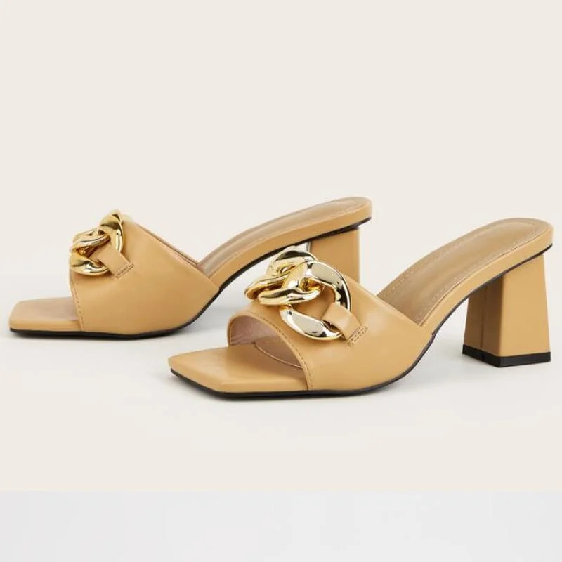 

Elegant High Heels Women's Shoes2022 Summer New Square Toe Outside Wear Ladies Slides Trendy Golden Metal Chain Woman Sandals