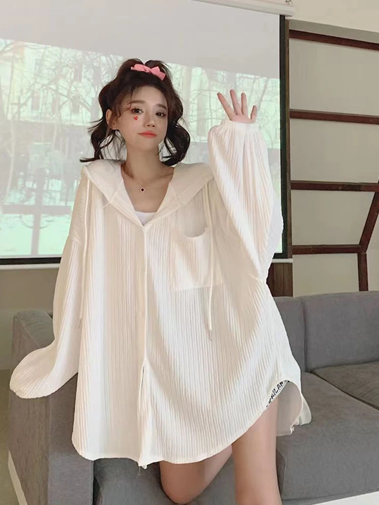 ADAgirl Sun-proof Oversize Shirt Women Summer Solid Casual Coats Korea Streetwear Style Mujer Blouse Fashion Loose Girls Tops