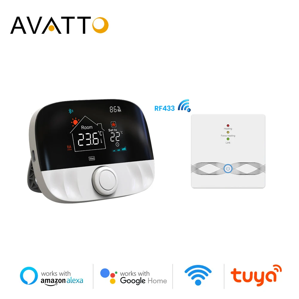 

Термостат AVATTO Tuya RF433, Wi-Fi, беспроводной, программируемый, для обогрева помещений, с газовым бойлером и приводом