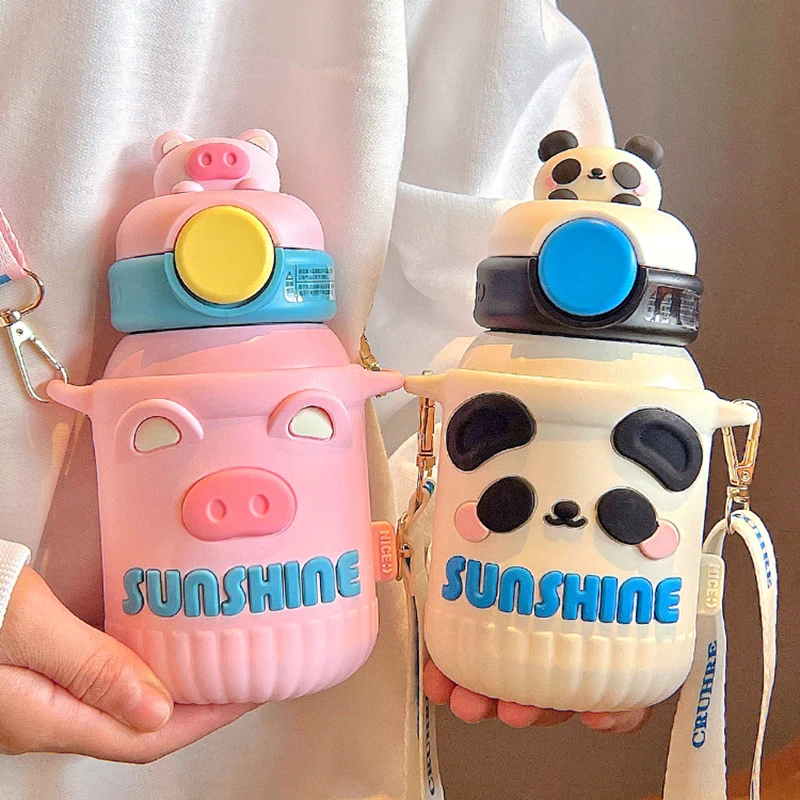 

550ml Thermos Cup 316 Stainless Steel Kettle Children's Cute Water Cup Creative Straw Cup Portable Travel Water Bottle With Rope
