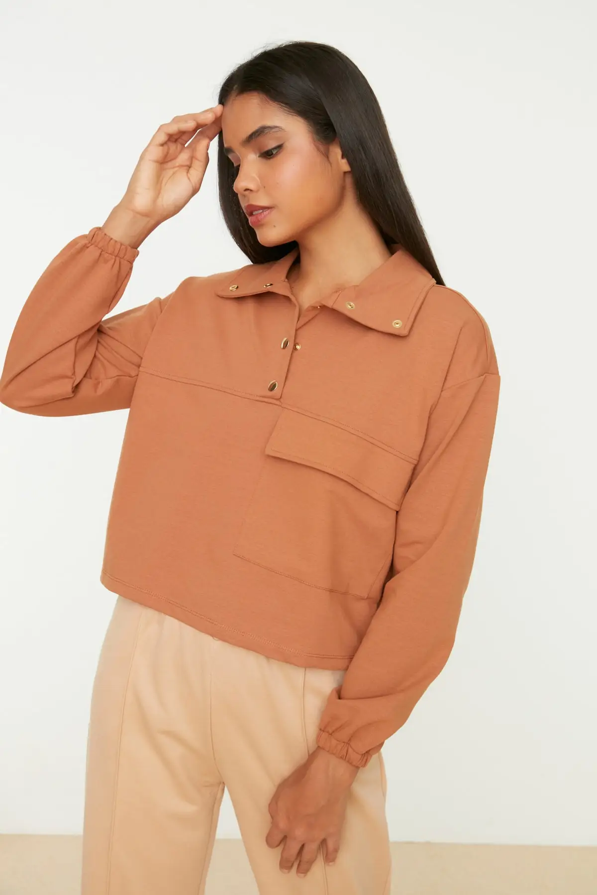 

Women's Sweatshirt Camel Snap Detailed Polo Neck Basic Knitted Slim Hoodies Fashion All Season New Pullovers Fleece lovers Fleece