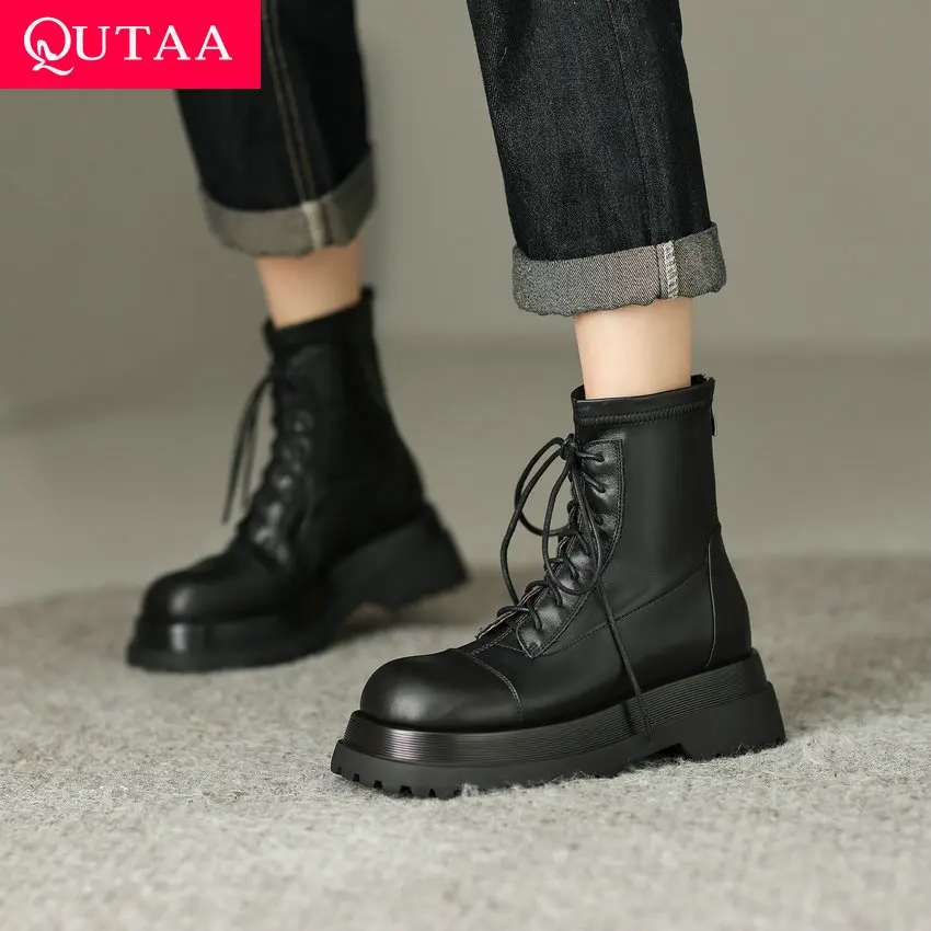 

QUTAA 2023 Classic Working Casual Women Ankle Boots Autumn Winter Thick Med Heels Concise Genuine Leather Shoes Woman 34-39