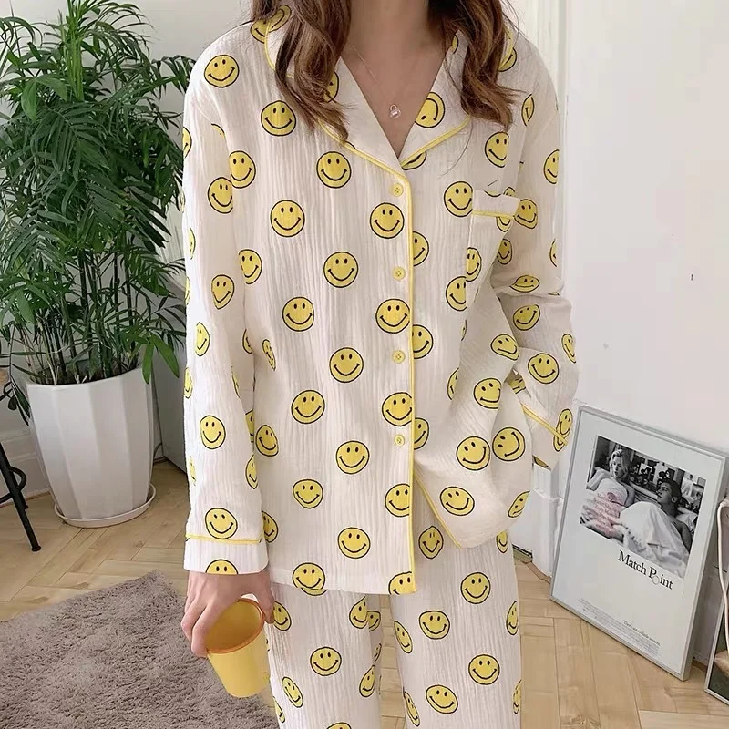 Lovely Cotton Gauze Pajamas Women Smiley Print Pijamas Korean Style Sleepwear Pyjamas 2 Piece Set Thin Homewear Loungewear
