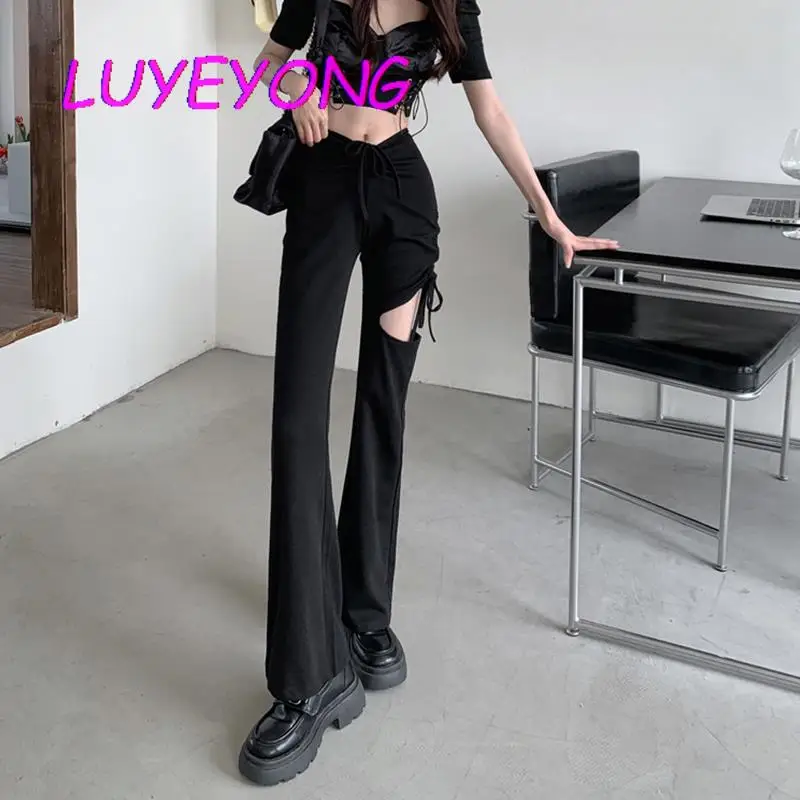 

Korean Drawstring Sexy Pleated Pant Lady Hollow Out Shirring Long Empire Trouser Solid Black Women Long Flare Pants 2022 Spring