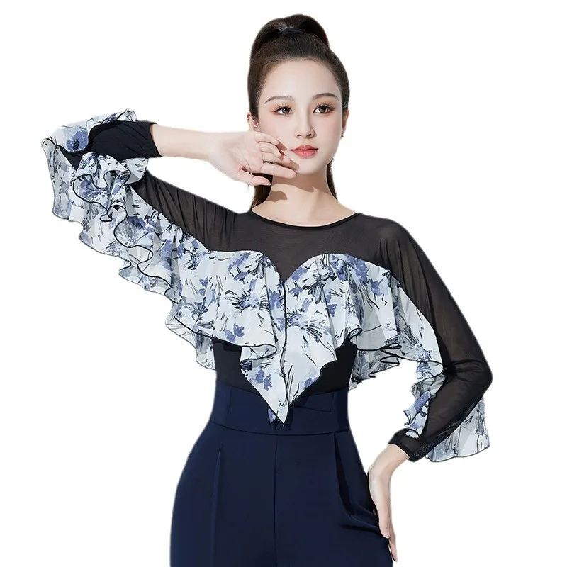 Женский топ для латиноамериканских танцев с рукавом лотоса и круглым вырезом