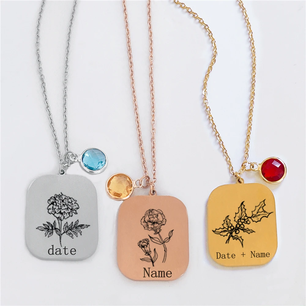 

Personalized Name Necklace with Birth Flower, birthstone Engraved Custom Necklace, Birthday Bridesmaid Gift for women girl kids