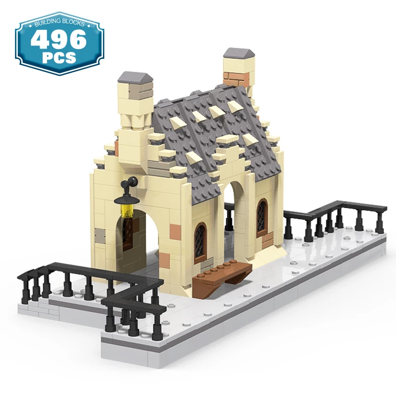 

MOC European Medieval Railway Station Street Magic School Movie Scene Building Blocks Train Track Bricks Model Toys for Boys