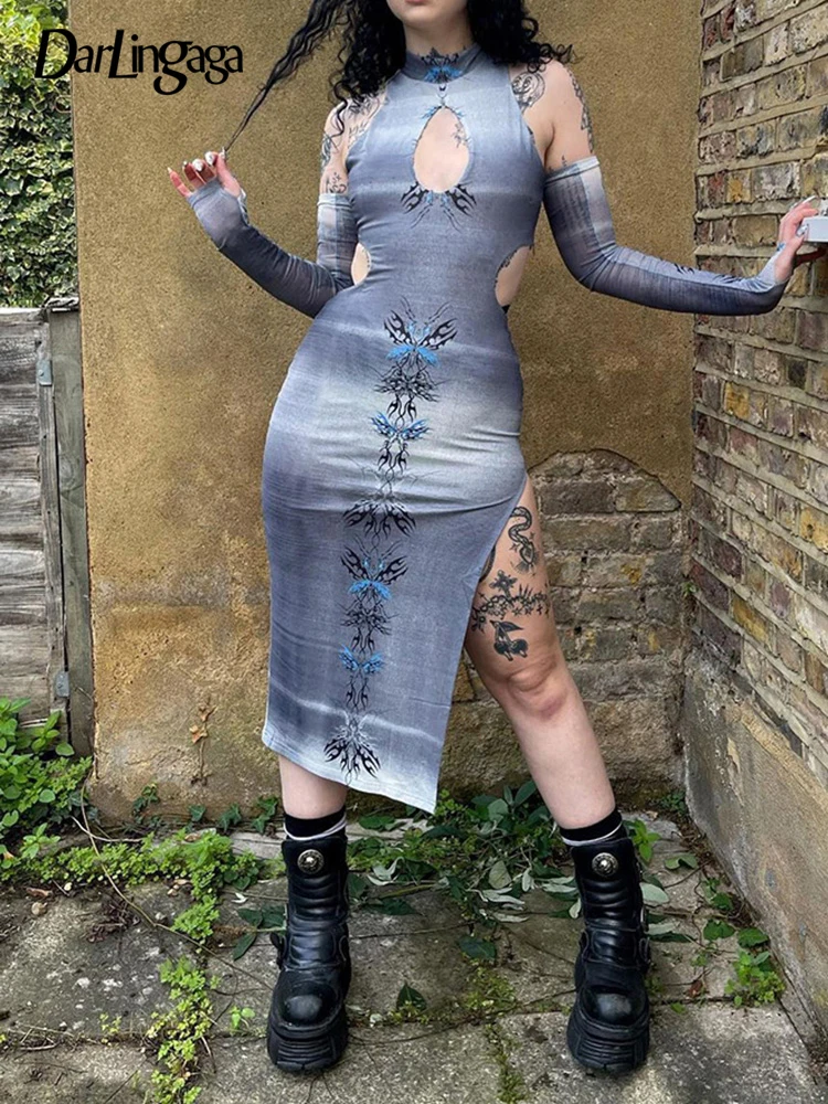 

Darlingaga Gothic Dark Academia Tie Dye Butterfly Print Tank Midi Dress Women Harajuku Cut Out Party Dresses With Sleeves Split