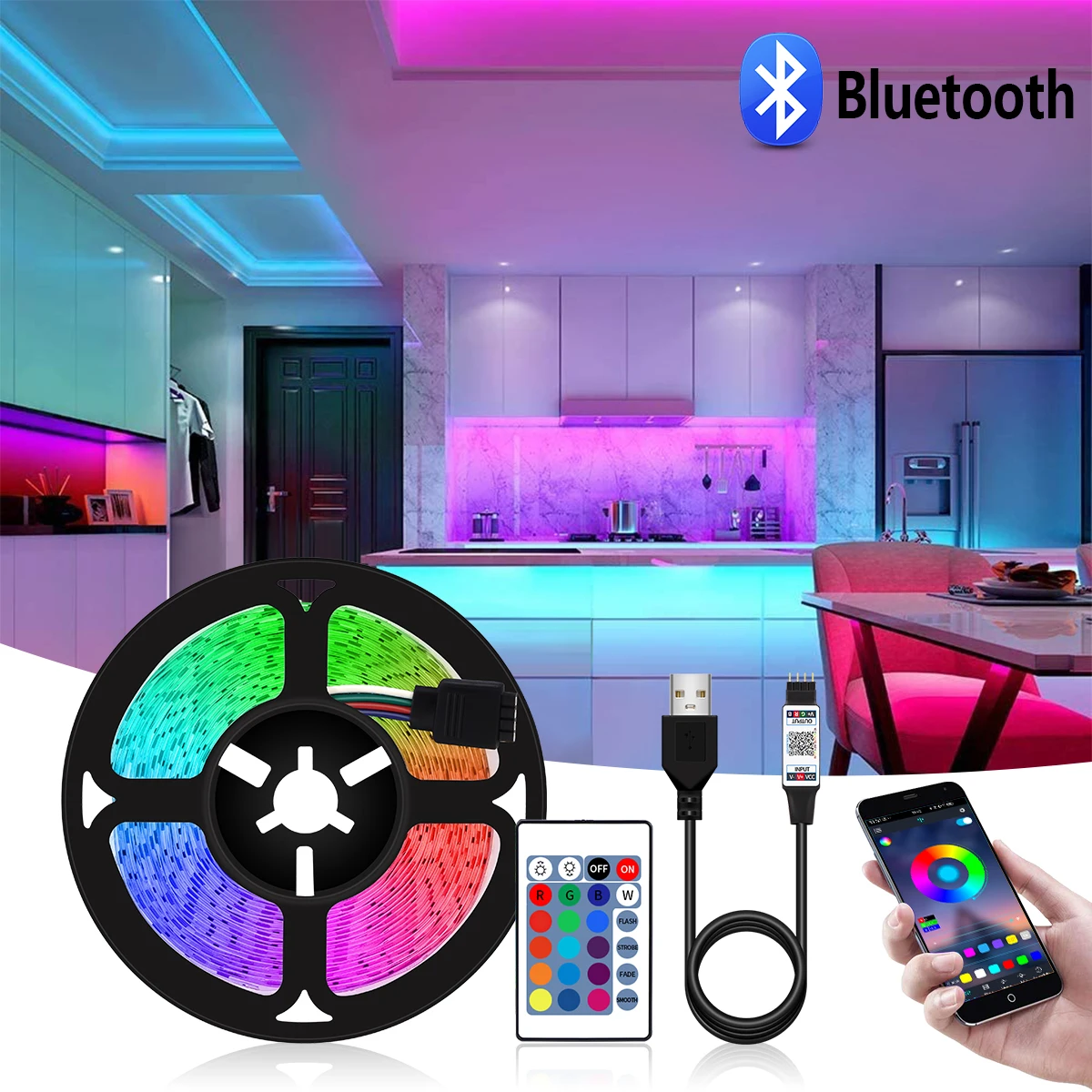

Dimmable RGB Neon Tape Bluetooth USB LED Strip Light 5V 2835 TV Backlight Lamp Strip Timing Setting With 24KEY IR Remote Control