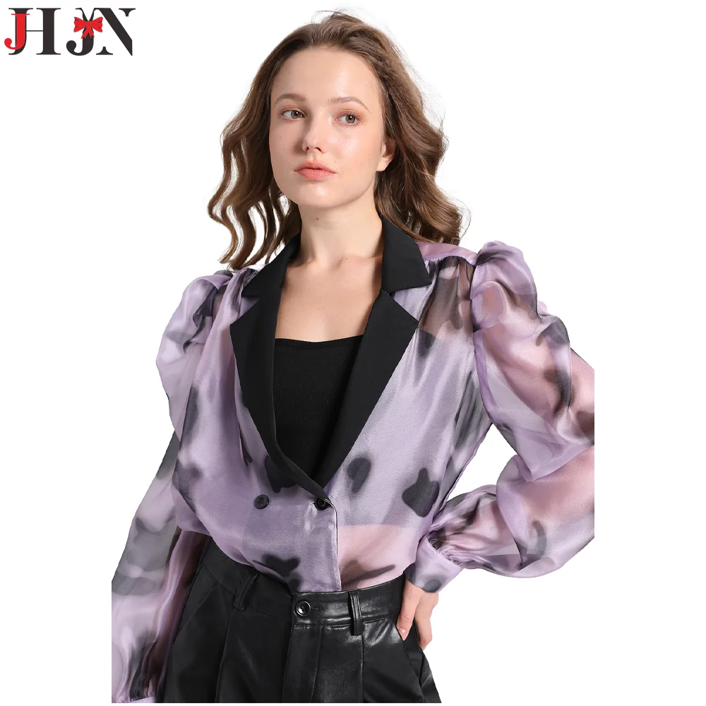 Осень 2024 женская одежда легкие повседневные рубашки фиолетовая верхняя топы с