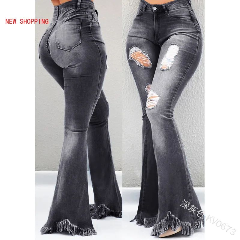 Plus Size Wide Leg Denim Pants  Autumn 2021 High Waist Flare Jeans Black Ripped Female Jeans for Women Skinny Jeans Mom Pants
