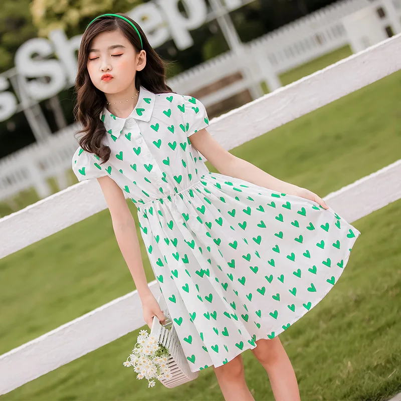 

Girls Dress Summer Clothing 2022 New Teen Girls Heart Printed Cute Dresses Korean Kids Girls Cotton Casual Dress Fashion A430