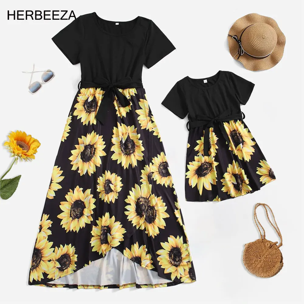 

Mom Daughter Matching Clothes Summer Short Sleeve Sunflower Print Dress For Mom Daughter Mommy and Me Family Matching Outfits
