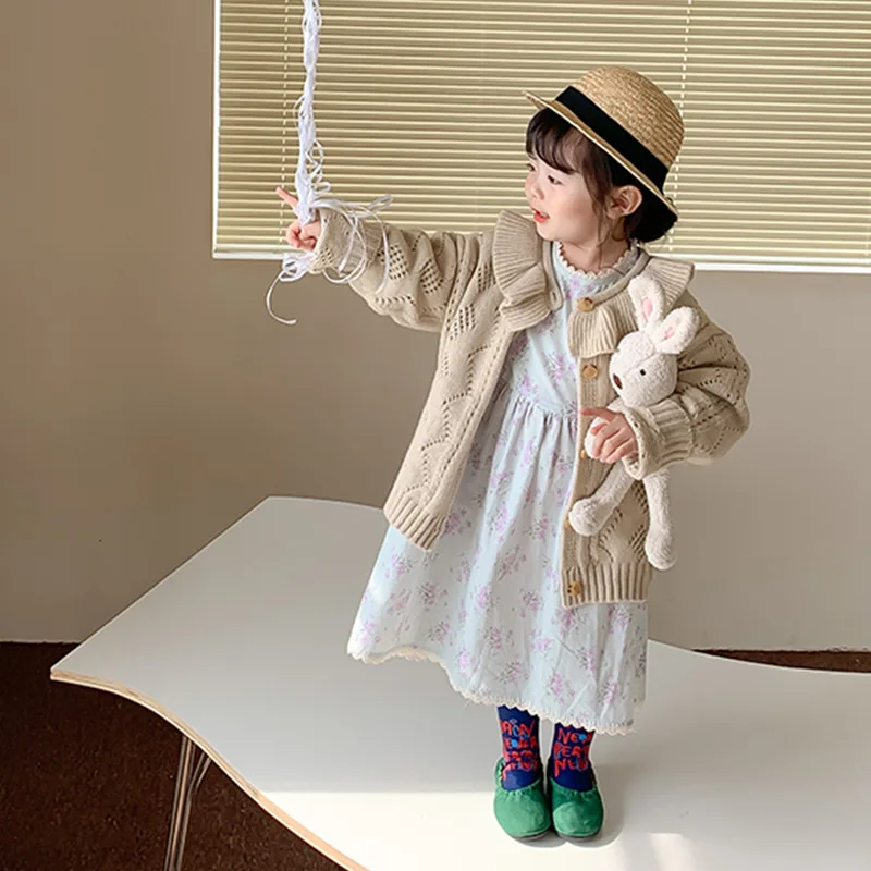 

Autumn Baby Girls Knitted Cardigan Sweaters Toddlers Solid Ruffles Hollow Out Korean Style Toddlers Kids Sweater