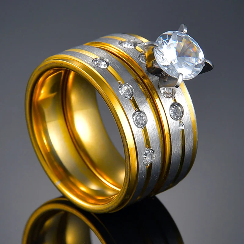

High Quality Rings Set Gold Color Rhinestones Clear Crystal For Women Men Engagement Wedding Classic Jewelry Gift Simple Design