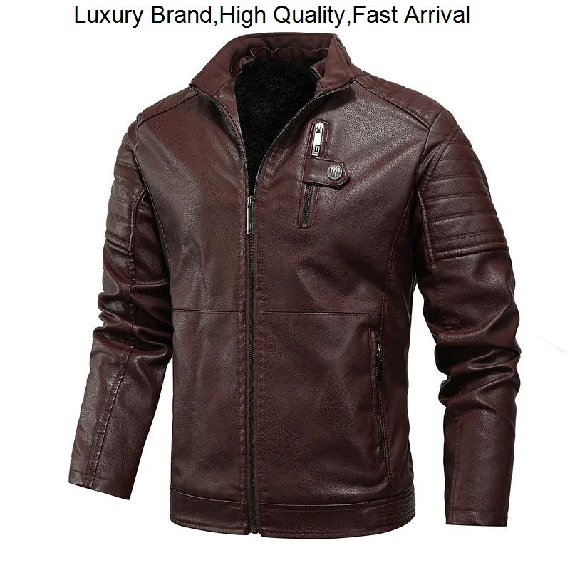 

Fashion Leather Autumn Winter Fleece Thicken Keep warm Men Stand Collar Motorcycle Jacket New Male Casual Coat