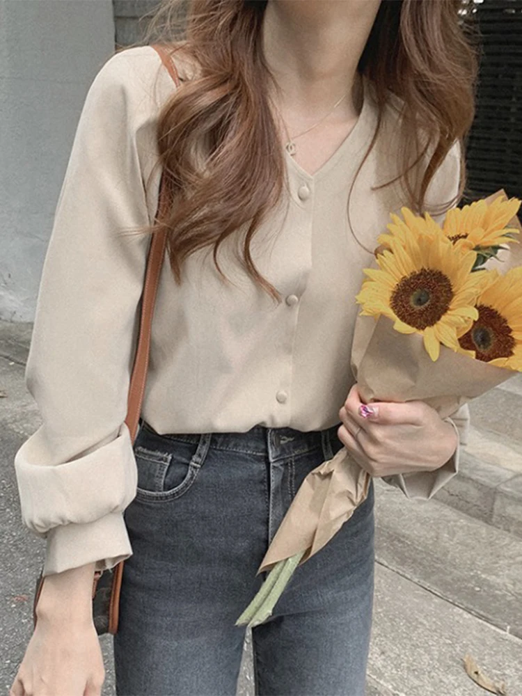 

Женская шифоновая блузка во французском стиле, однотонная свободная классическая элегантная рубашка в стиле ретро с V-образным вырезом и дл...