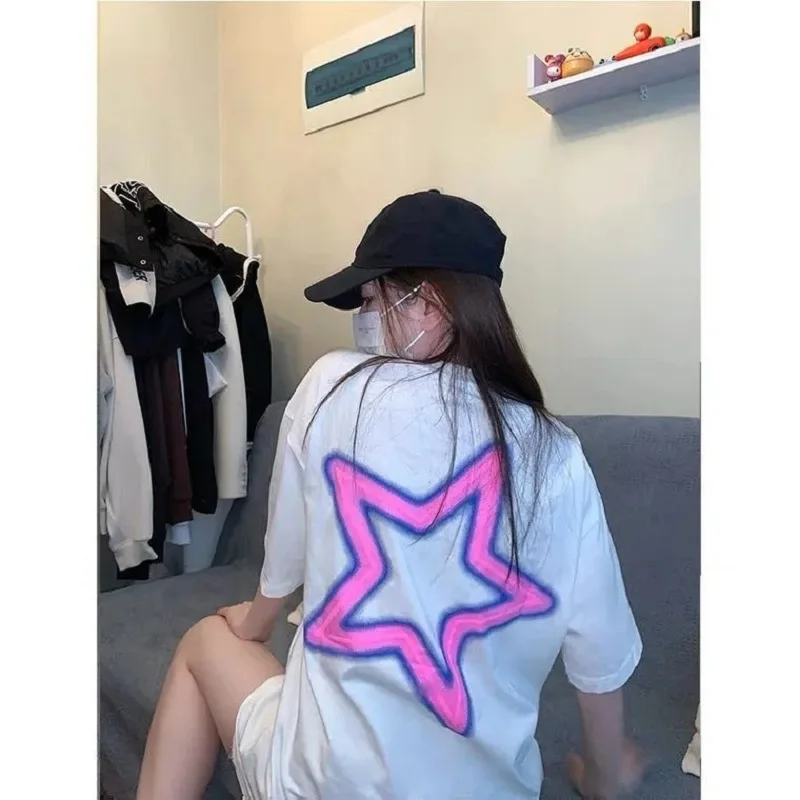 

Футболка оверсайз с принтом пятиконечной звезды, уличная одежда с короткими рукавами, Свободная Повседневная рубашка с круглым вырезом и р...