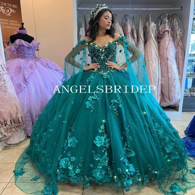 

ANGELSRIDEP 2024 бальные платья Quinceanera платья с накидкой 3D Цветы изумрудно-зеленые платья 15 лет Вечерние платья на день рождения