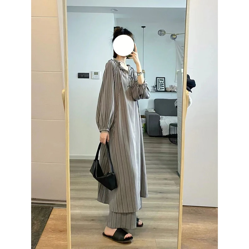 CAIYIER Winter Korean Women Nightwear Gray Stripe  Long Sleeve Nightgowns With Long Pants Casual Sleepwear Loose Pajamas Set