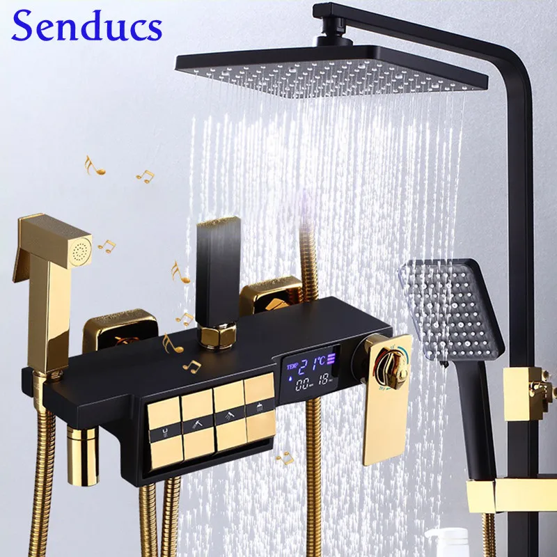 

Modern Solid Brass Bathroom Shower Systems Piano Design Black Gold Digital Bathroom Shower Sets with Thermostatic Shower Faucets
