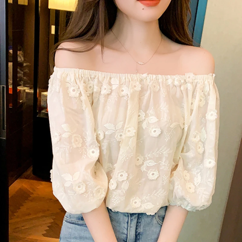 

2023 Summer Women Embroidery Sweet Off Shoulder Chiffon Blouse Elegant Puff Half Sleeve Tops Loose Casual Shirt Blusas 26611