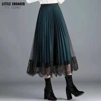 lace long skirts autumn 2022 vintage high waist black pleated women plus size korean fashion midi skirt girls gray clothes