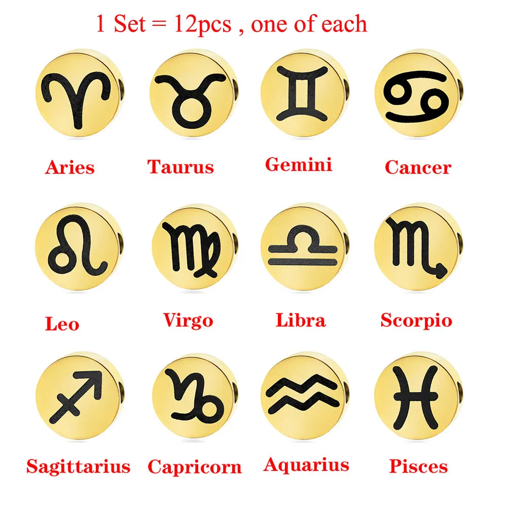 

1 Set 12pcs diy Zodiac Beads Wholesale Stainless Steel Horoscope Aries Leo Virgo Jewelry Charms For Bracelet Making