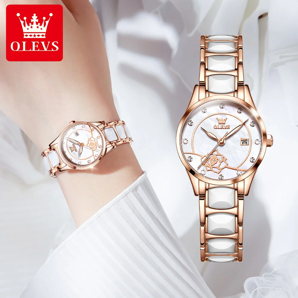 OLEVS 3606 Fashion Import Machine Core Watch for Women Waterproof Ceramic Strap Japan Quartz Women Wristwatch Luminous Calendar