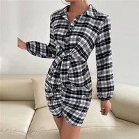spring autumn winter womens new plaid sexy hip dress one step turn down collar blouse skirt office ladies sexy hip wrap clothes