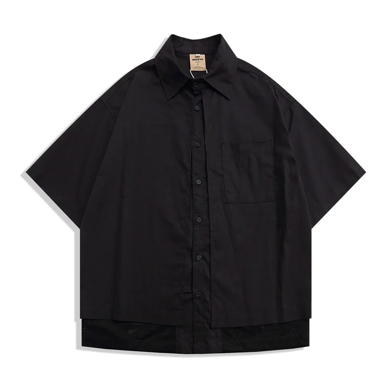 Men Shirt Workwear Men Vintage Japanese Solid Loose Cardigan Shirt Summer Short Sleeve Turn-down Collar Fake Two Pieces Shirts