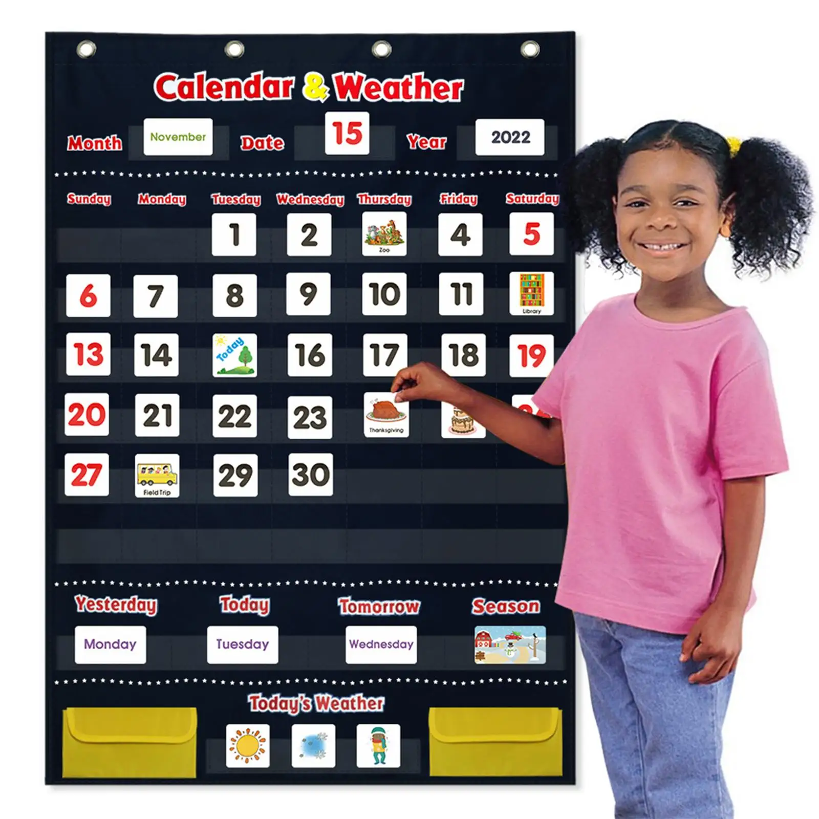

Children Calendar and Weather Pocket Chart with 142 Cards for Kindergarten