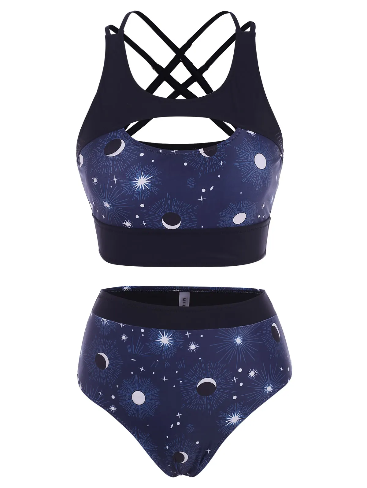 

Sun Moon Star Print Criss Cross Cutout Tankini Swimwear Padded High Waisted Tankini Two Piece Swim Wear