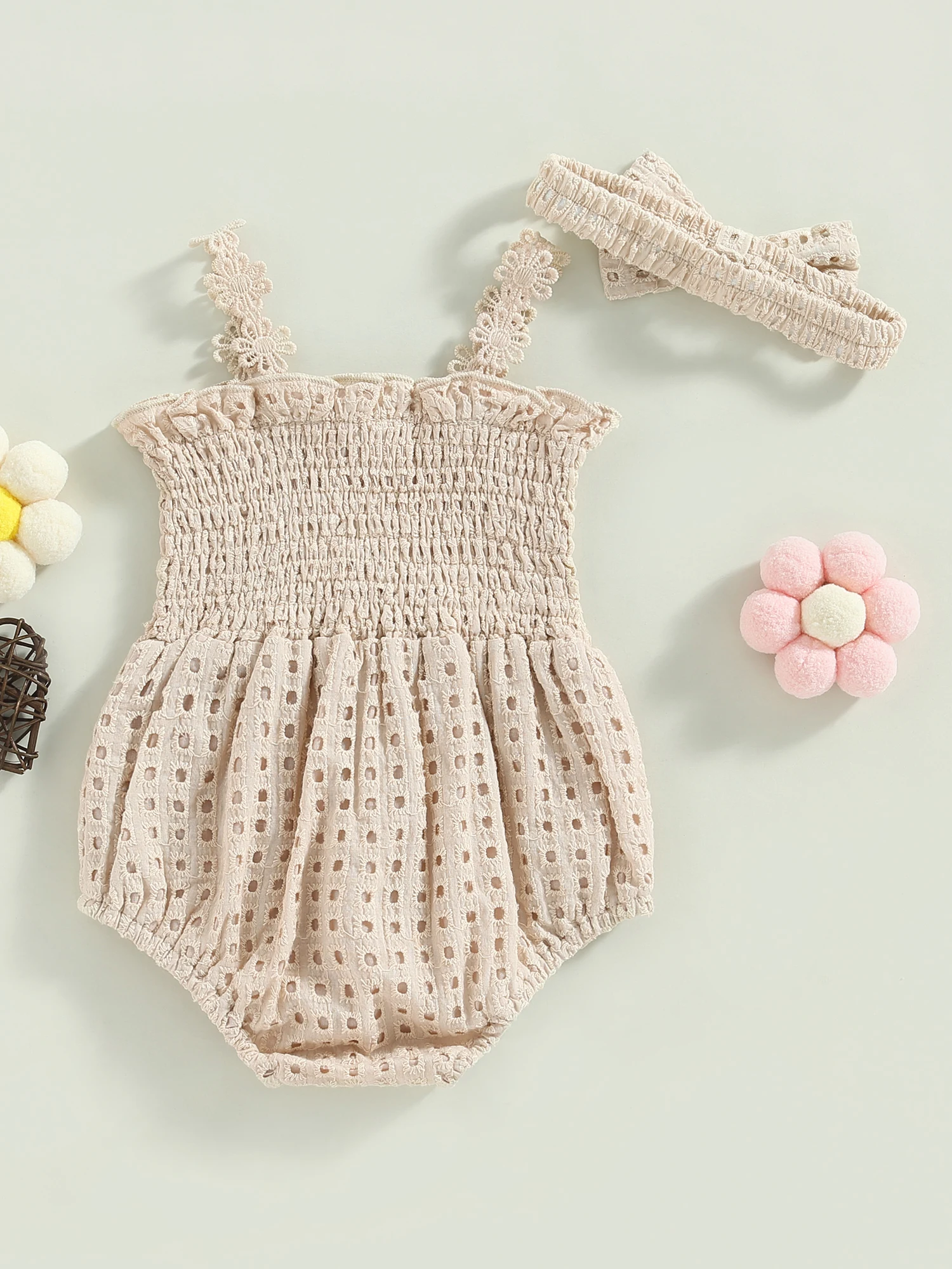 

Baby Girls Romper Set Sleeveless Pleated Hollowed Solid Romper with Bowknot Hairband and Matching Shoes