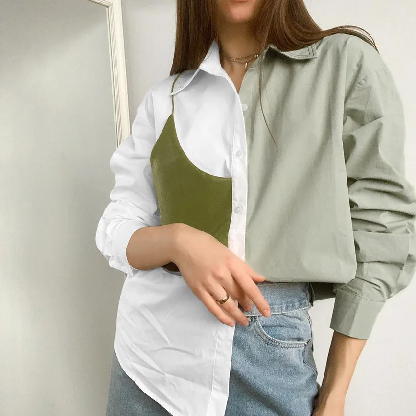 

Contrast Color Blouse Women Commuter Shirts Design Sense Stitching Pu Leather Long-Sleeved Blouses Turn-Down Collar Loose Shirt