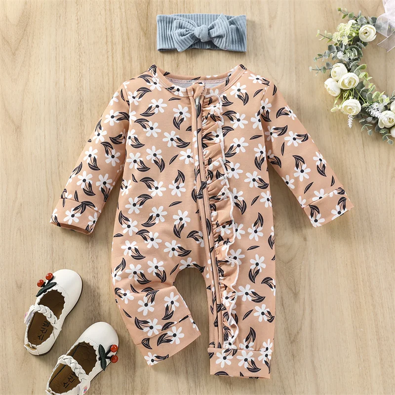 

2pcs Baby Girls Outfit Flower Print Long Sleeve Ruffled Zipper Jumpsuit + Headband for Toddlers 3-24 Months