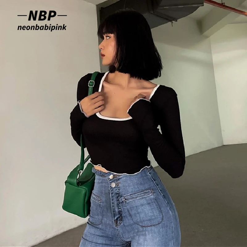 

NEONBABIPINK French Vintage Crop Top Black Elegant Sexy Frill Hem Square Collar Long Sleeve T Shirts for Women 2022 N33-BZ13