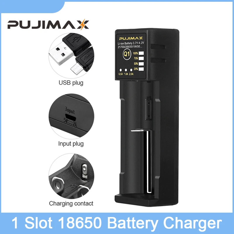 

PUJIMAX USB 18650 Battery Charger With Lndicator Ligh Support for Manual Current Adjustment For Rechargeable Lithium Battery