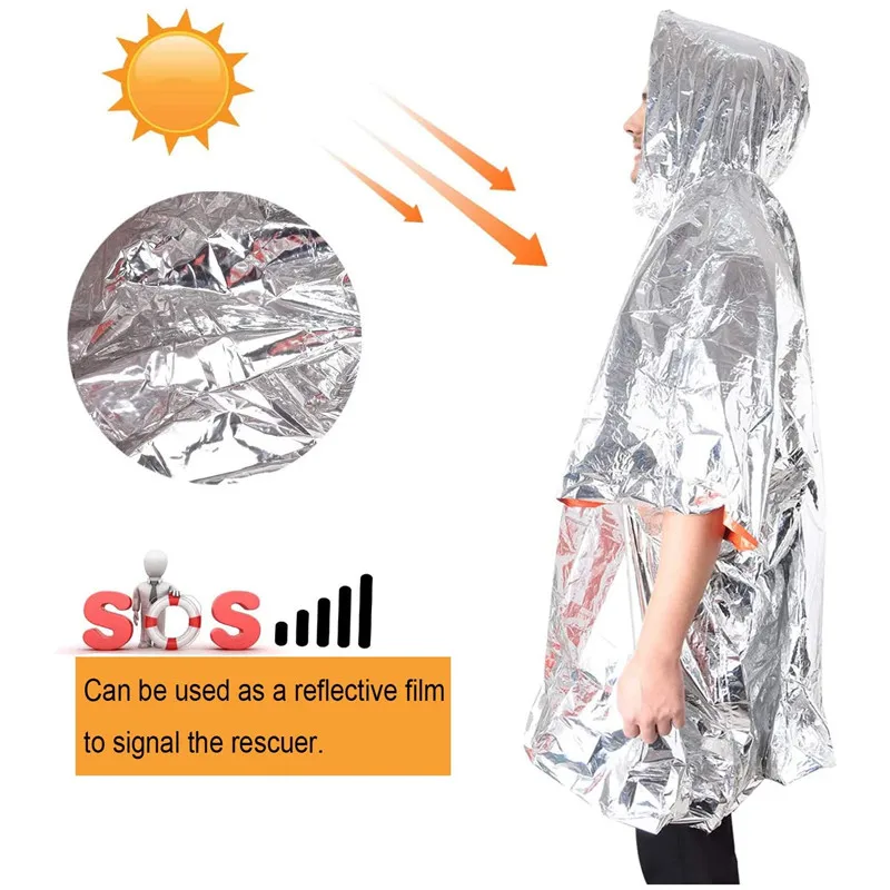 

Emergency Poncho Reversible Mylar Rescue Thermal Raincoat, Waterproof Heat Reflective Survival Blanket for Camping Hiking Trave