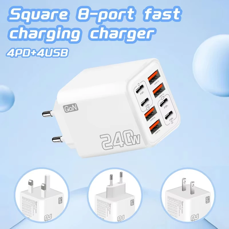 Фото Зарядное устройство 8-в-1 GaN USB-C мощностью 240 Вт для быстрой зарядки телефонов, адаптер питания для iPhone, Xiaomi, Type-C, с вилками EU/US/UK, настенное зарядное устройство 2026 №3