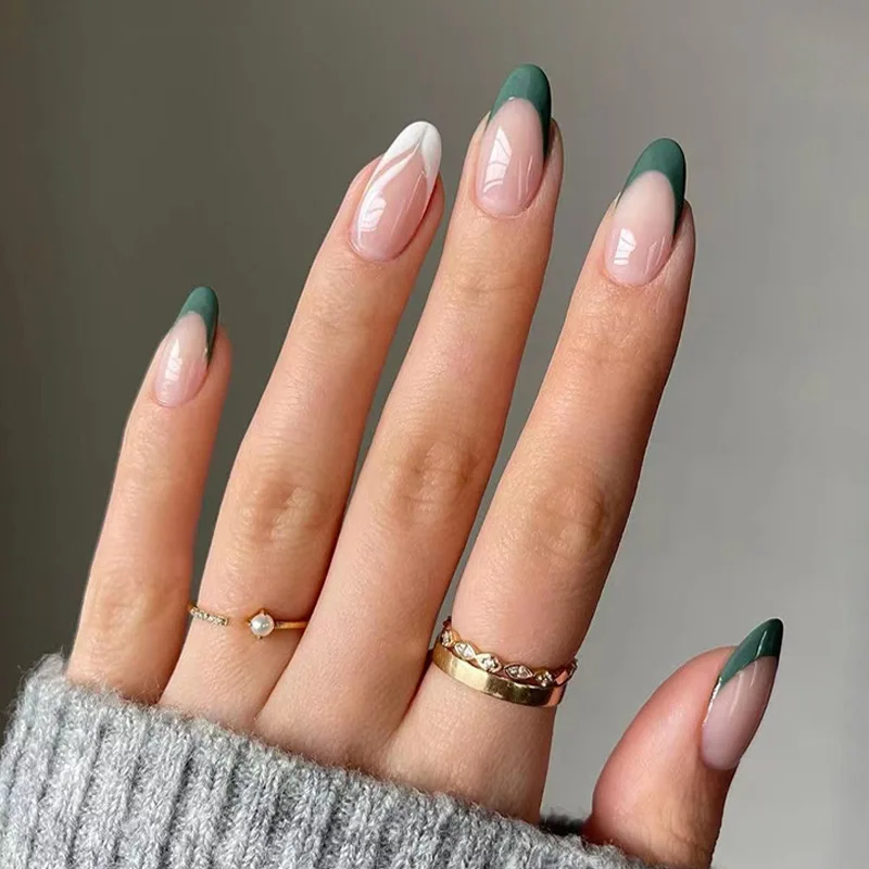 

JP1571 Green French Fake Nails Set Press on Long Oval Faux Ongles