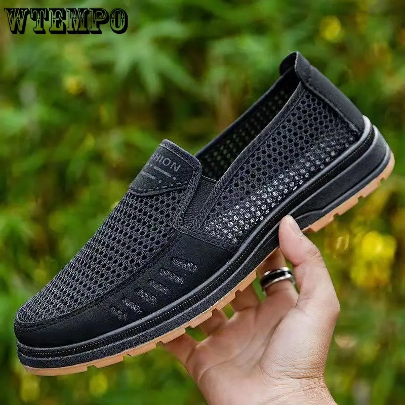 

WTEMPO Summer Old Beijing Cloth Shoes Breathable Casual Beef Tendon Sole Mesh Men's Shoes Middle-aged and Elderly Slip-on Shoes